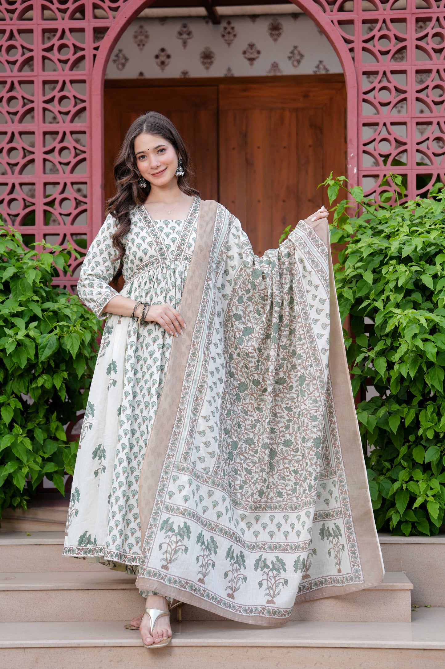 Off-White Floral Printed Anarkali Kurta Set with Dupatta