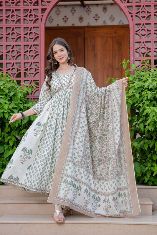 Off-White Floral Printed Anarkali Kurta Set with Dupatta