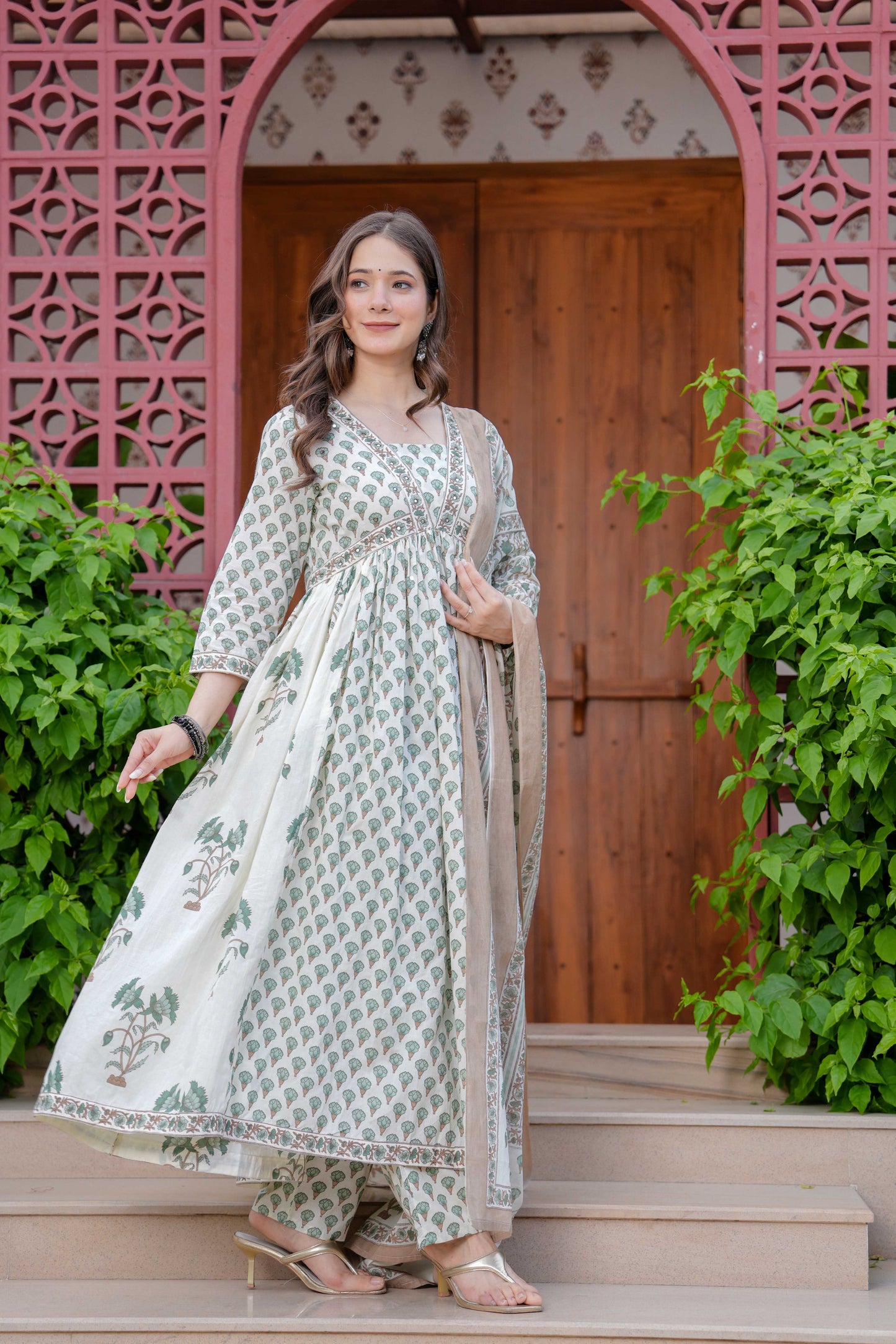 Off-White Floral Printed Anarkali Kurta Set with Dupatta