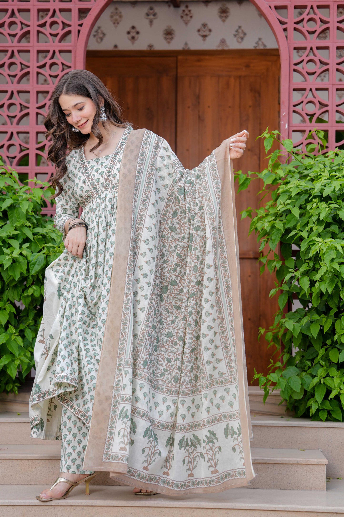 Off-White Floral Printed Anarkali Kurta Set with Dupatta