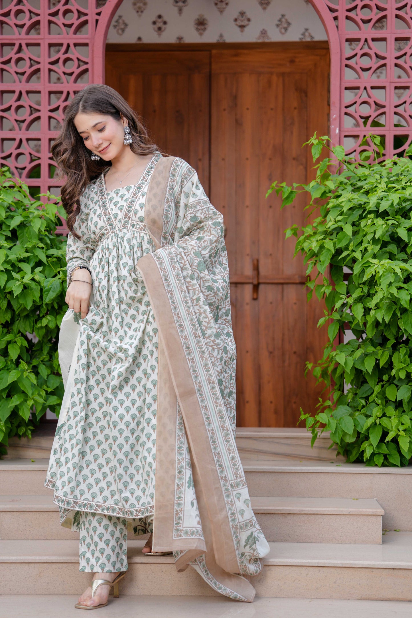 Off-White Floral Printed Anarkali Kurta Set with Dupatta