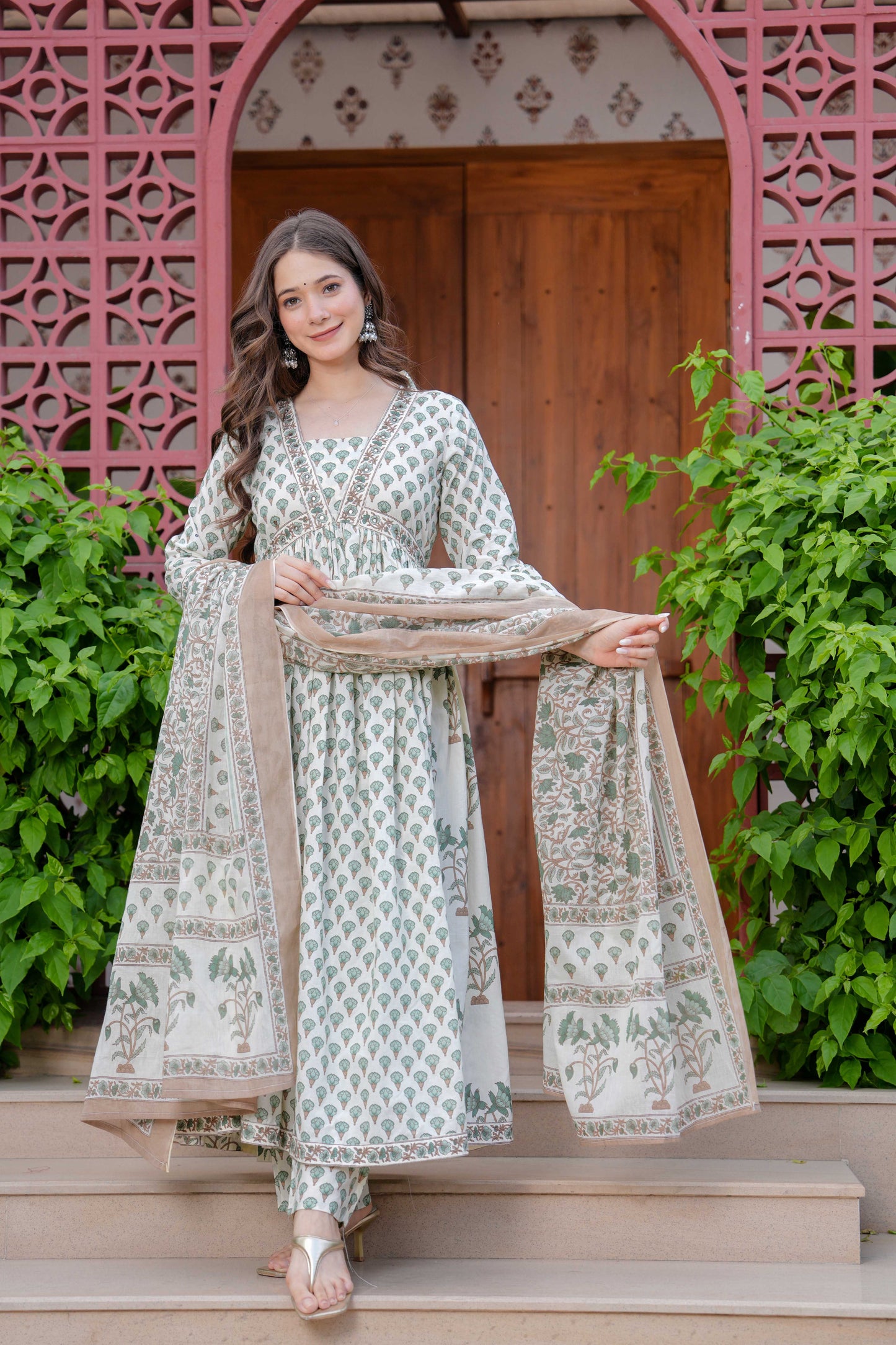 Off-White Floral Printed Anarkali Kurta Set with Dupatta