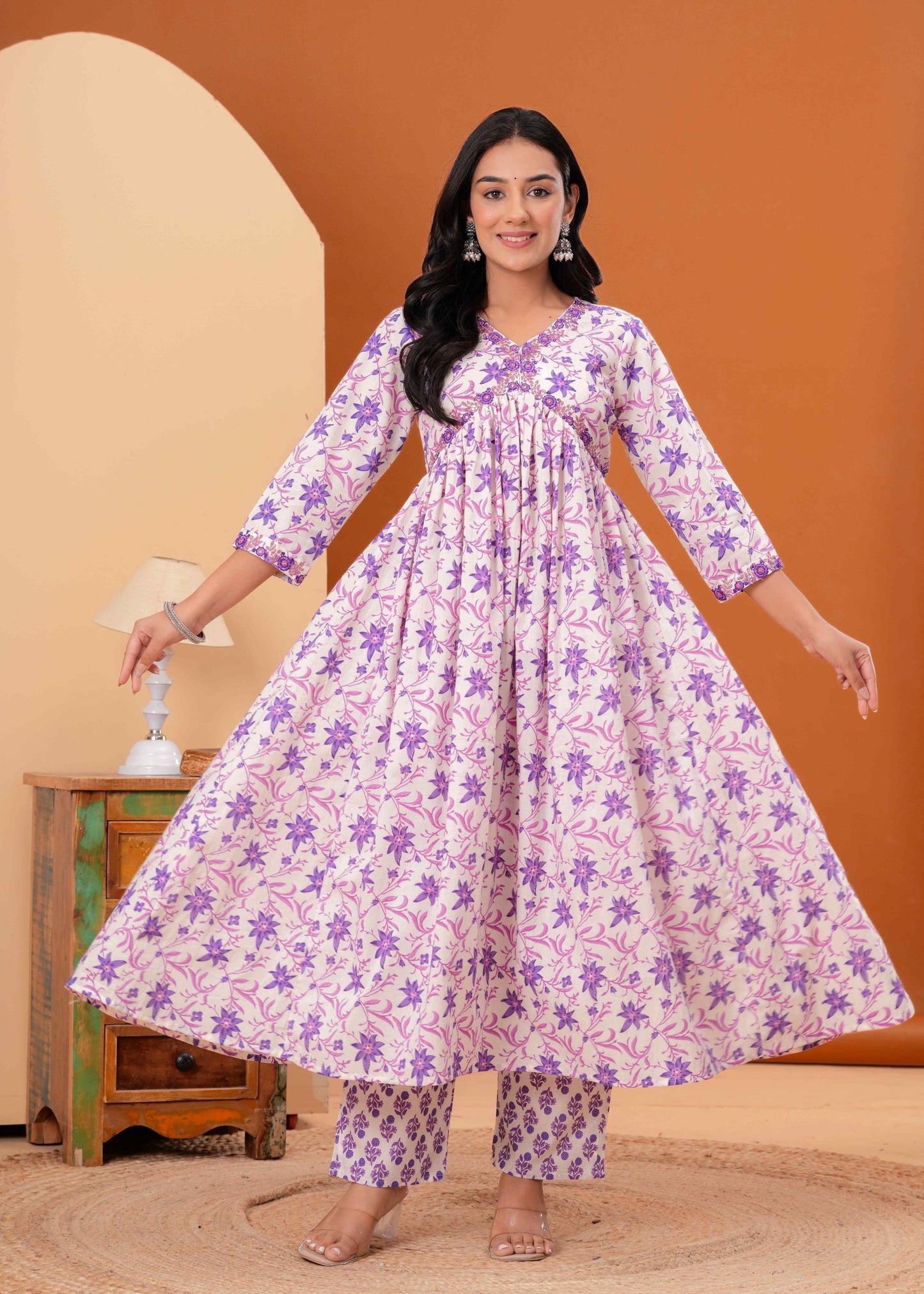 Floral Printed Empire V-Neck Pure Cotton A-Line Kurta With Trousers & Dupatta