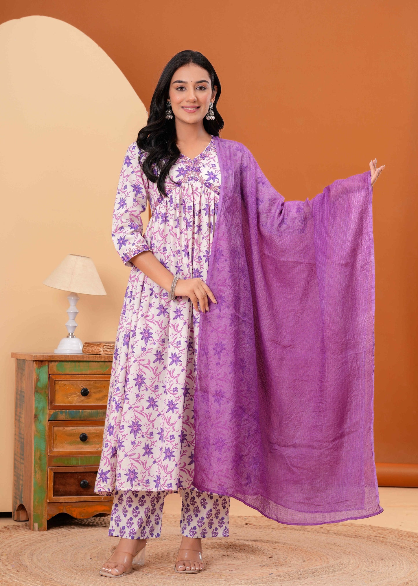 Floral Printed Empire V-Neck Pure Cotton A-Line Kurta With Trousers & Dupatta