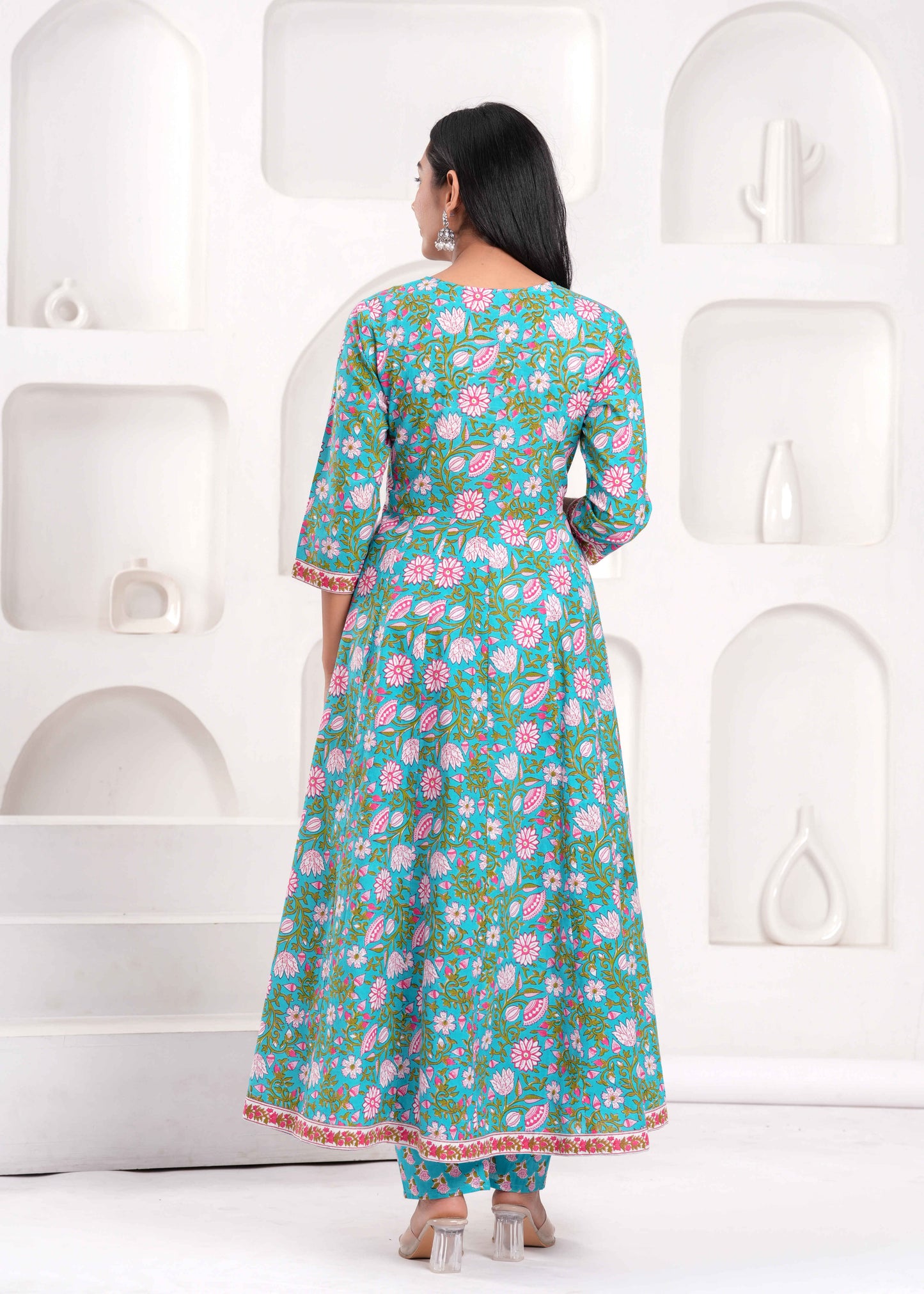 Floral Printed V-Neck Angrakha Pure Cotton Kurta With Trousers And Dupatta