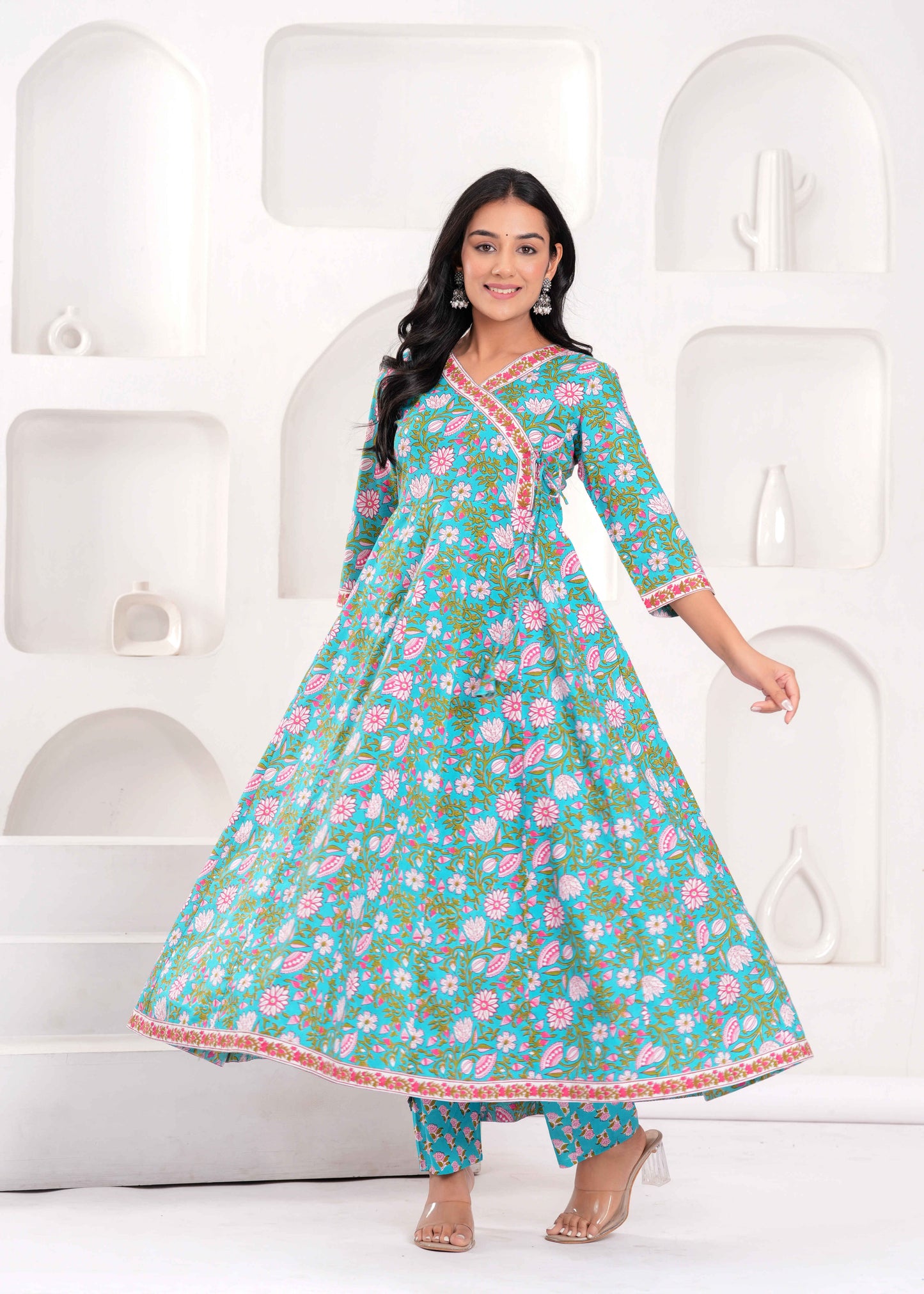 Floral Printed V-Neck Angrakha Pure Cotton Kurta With Trousers And Dupatta