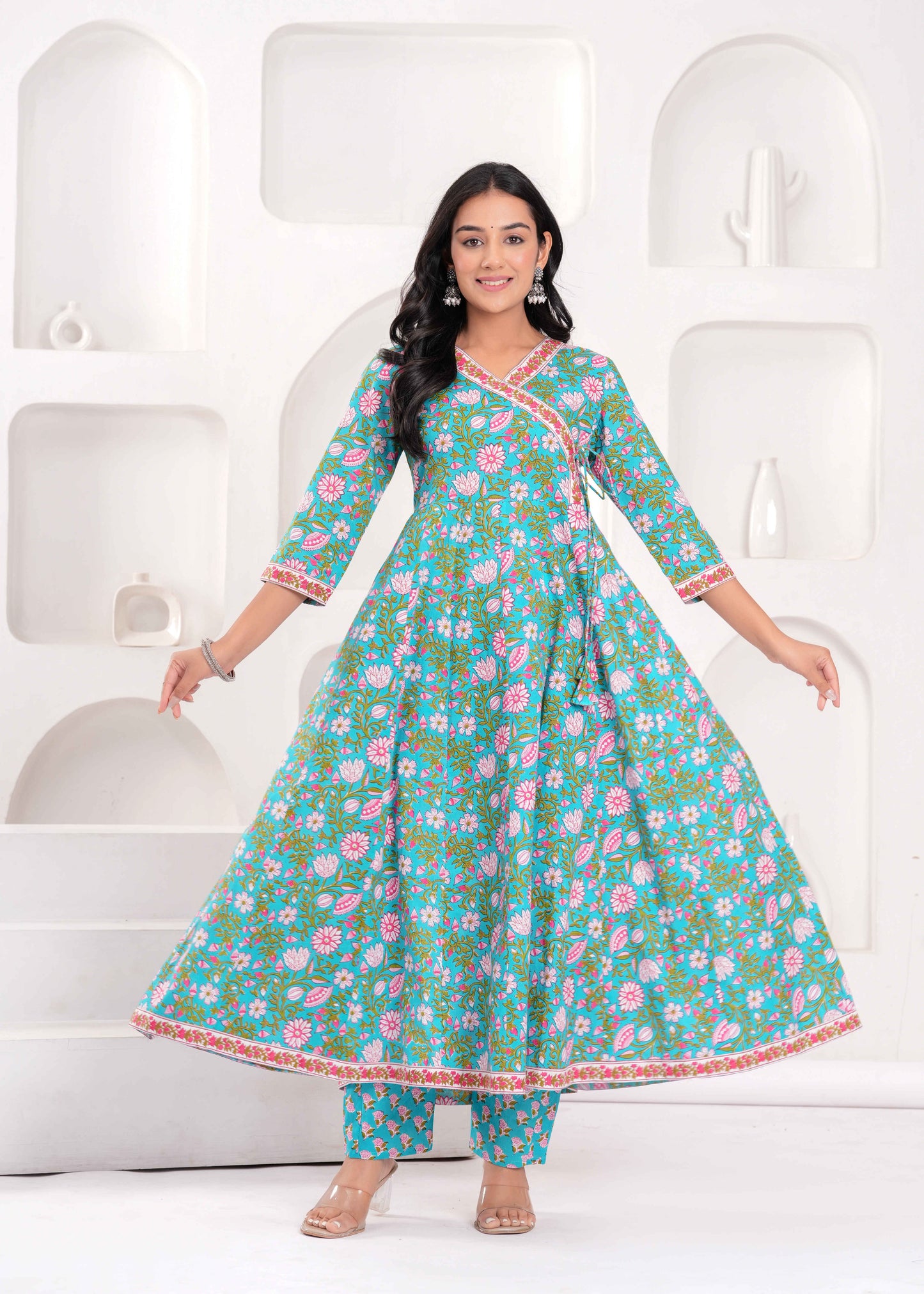 Floral Printed V-Neck Angrakha Pure Cotton Kurta With Trousers And Dupatta