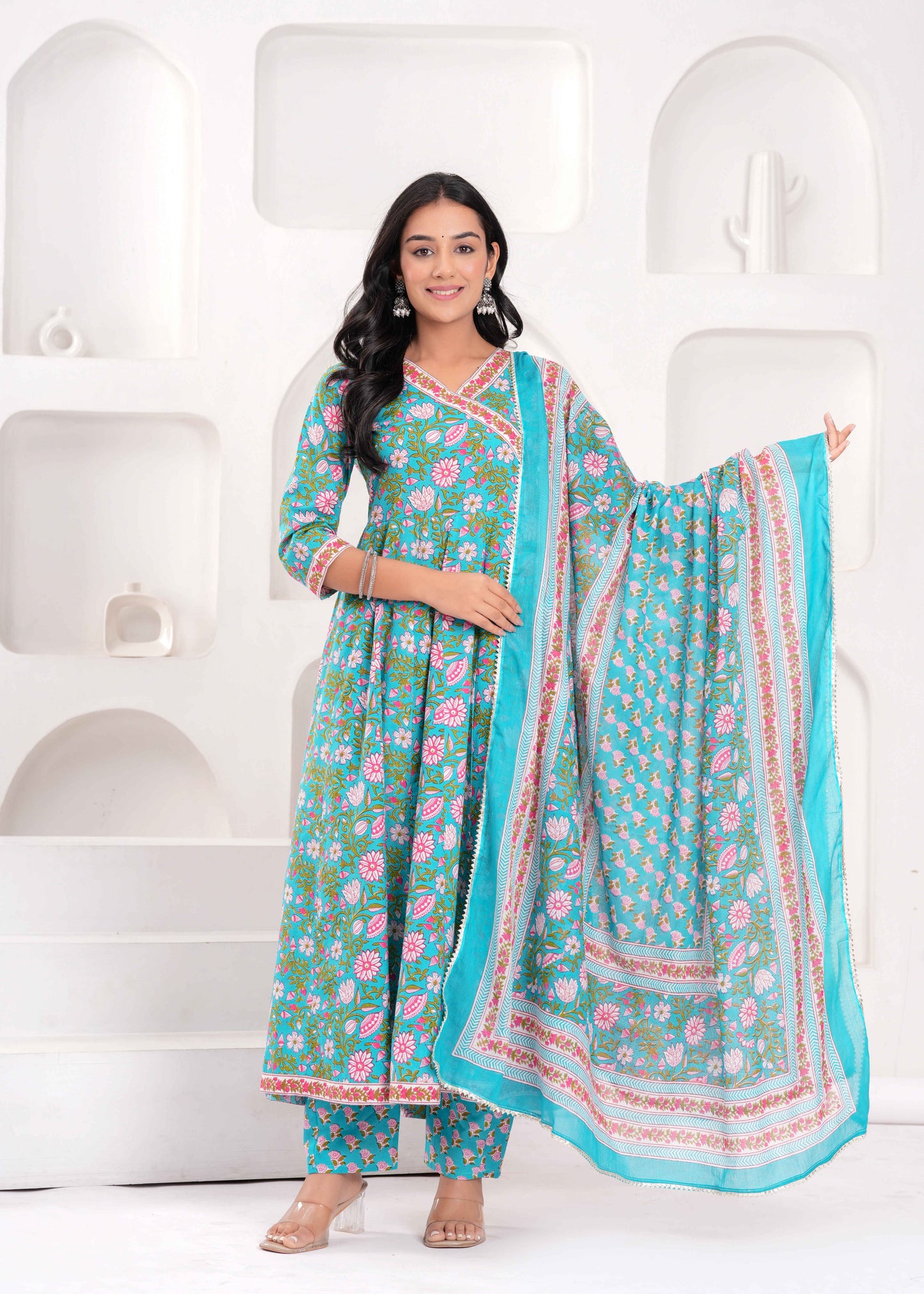 Floral Printed V-Neck Angrakha Pure Cotton Kurta With Trousers And Dupatta