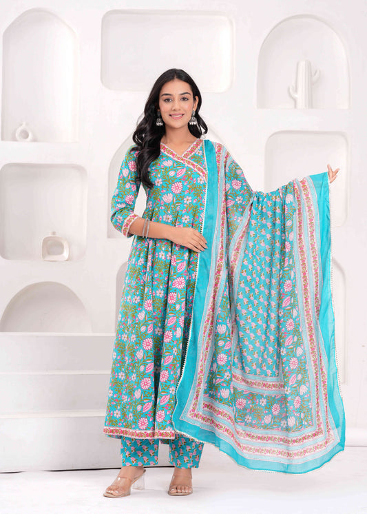 Floral Printed V-Neck Angrakha Pure Cotton Kurta With Trousers And Dupatta