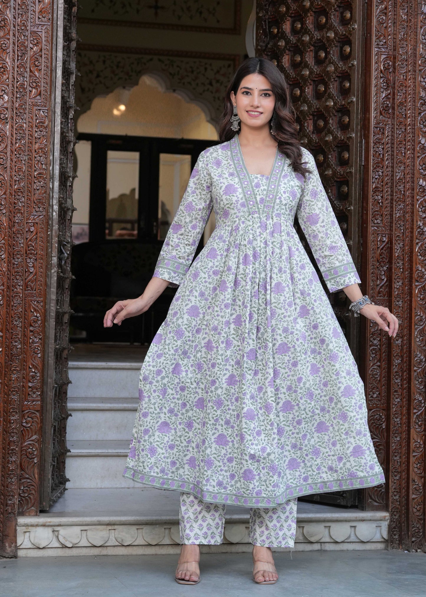 Women Floral Printed Layered Pure Cotton Kurta with Trousers & With Dupatta