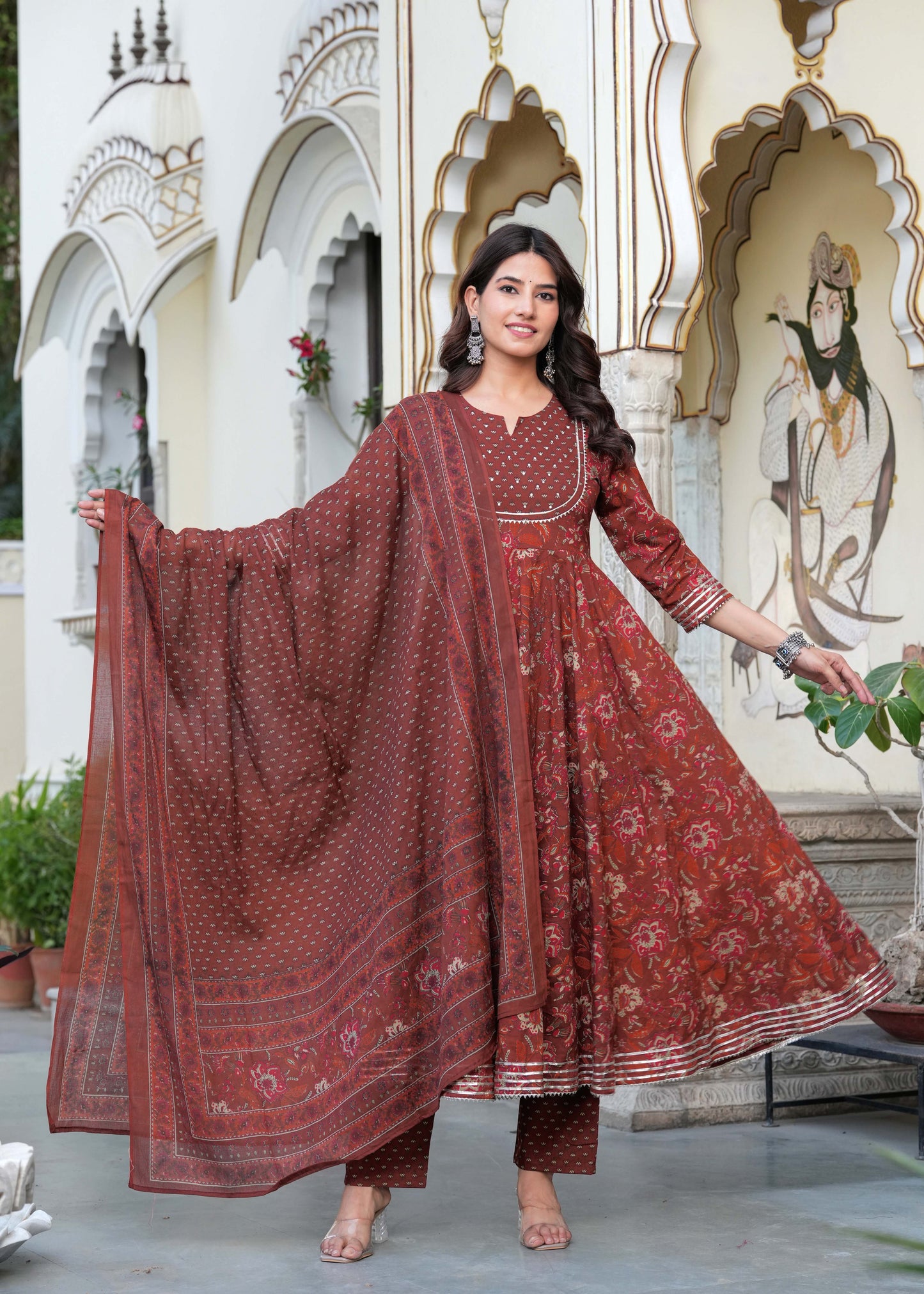 Women Floral Printed Cotton Kurta with Trousers & Dupatta