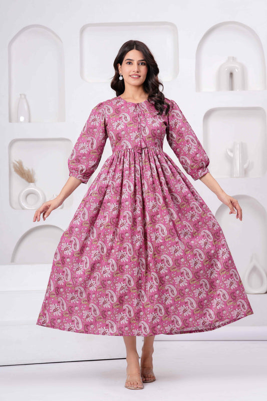 Floral Printed Tie-Up Neck Cotton Fit And Flare Ethnic Dress