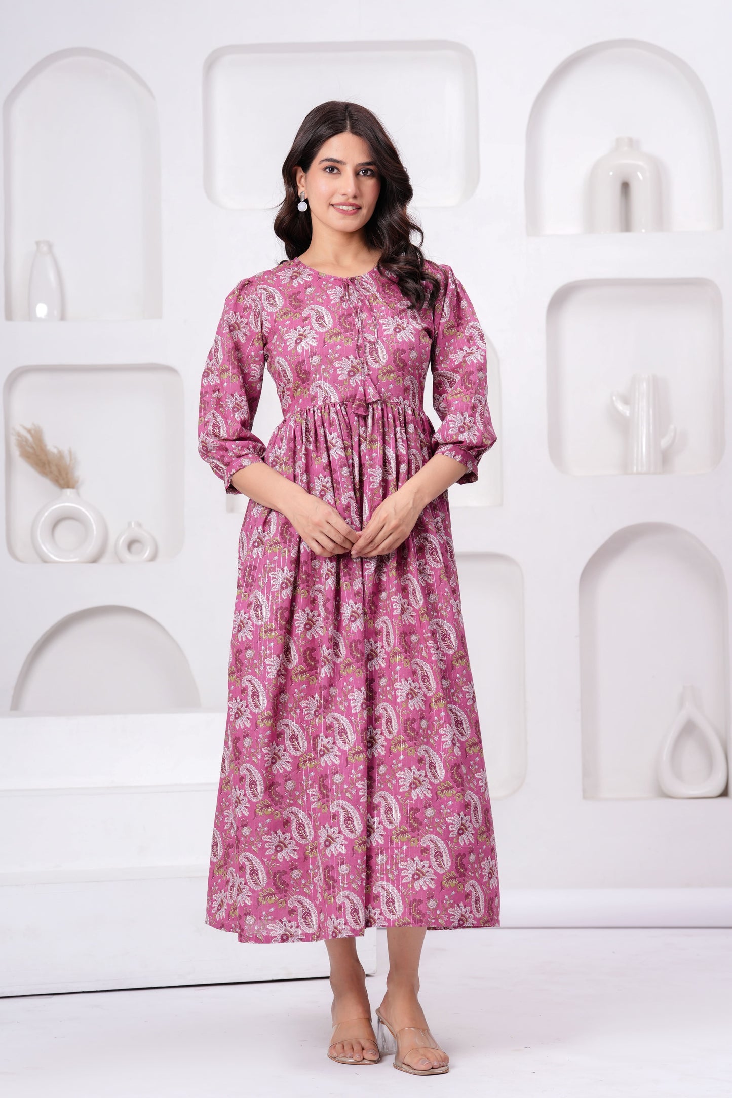 Floral Printed Tie-Up Neck Cotton Fit And Flare Ethnic Dress
