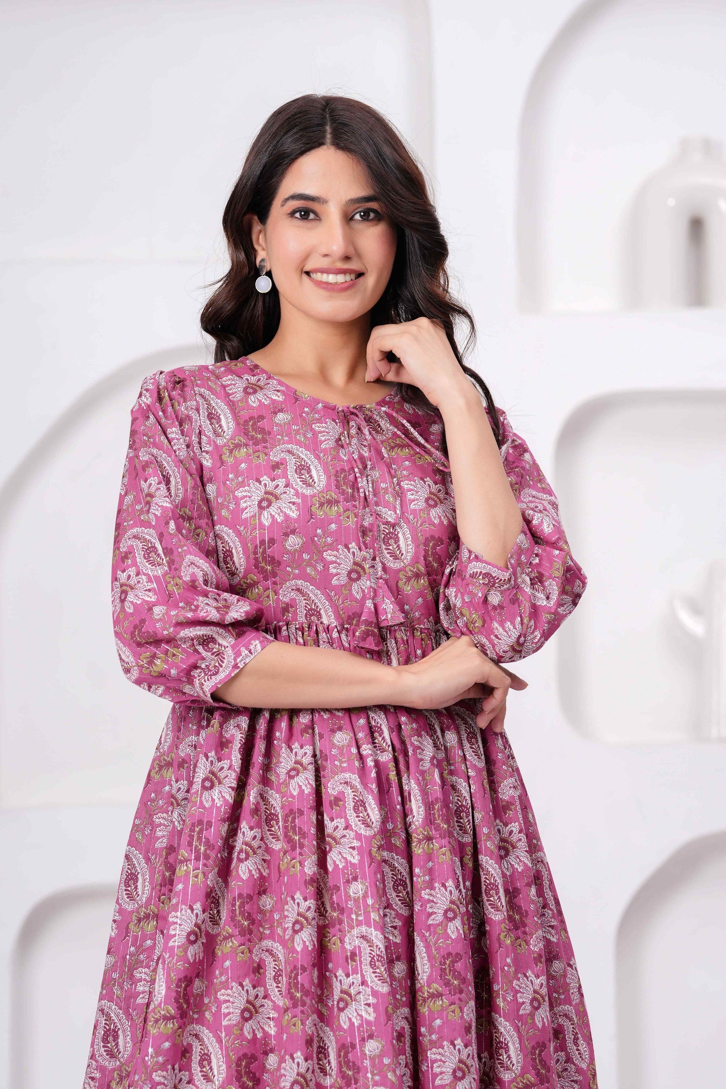 Floral Printed Tie-Up Neck Cotton Fit And Flare Ethnic Dress