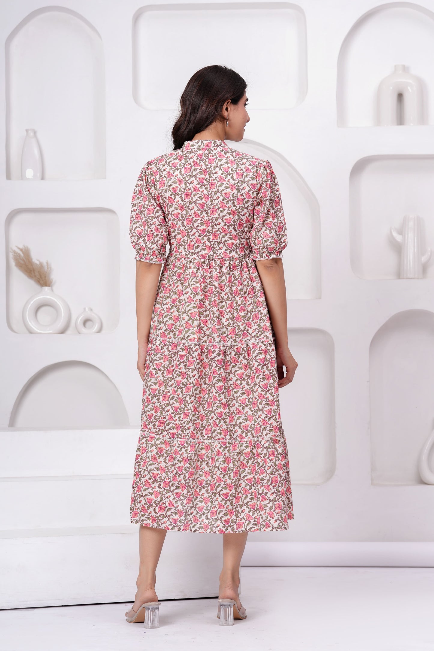 Floral Printed Mandarin Collar Cotton Fit And Flare Ethnic Dress