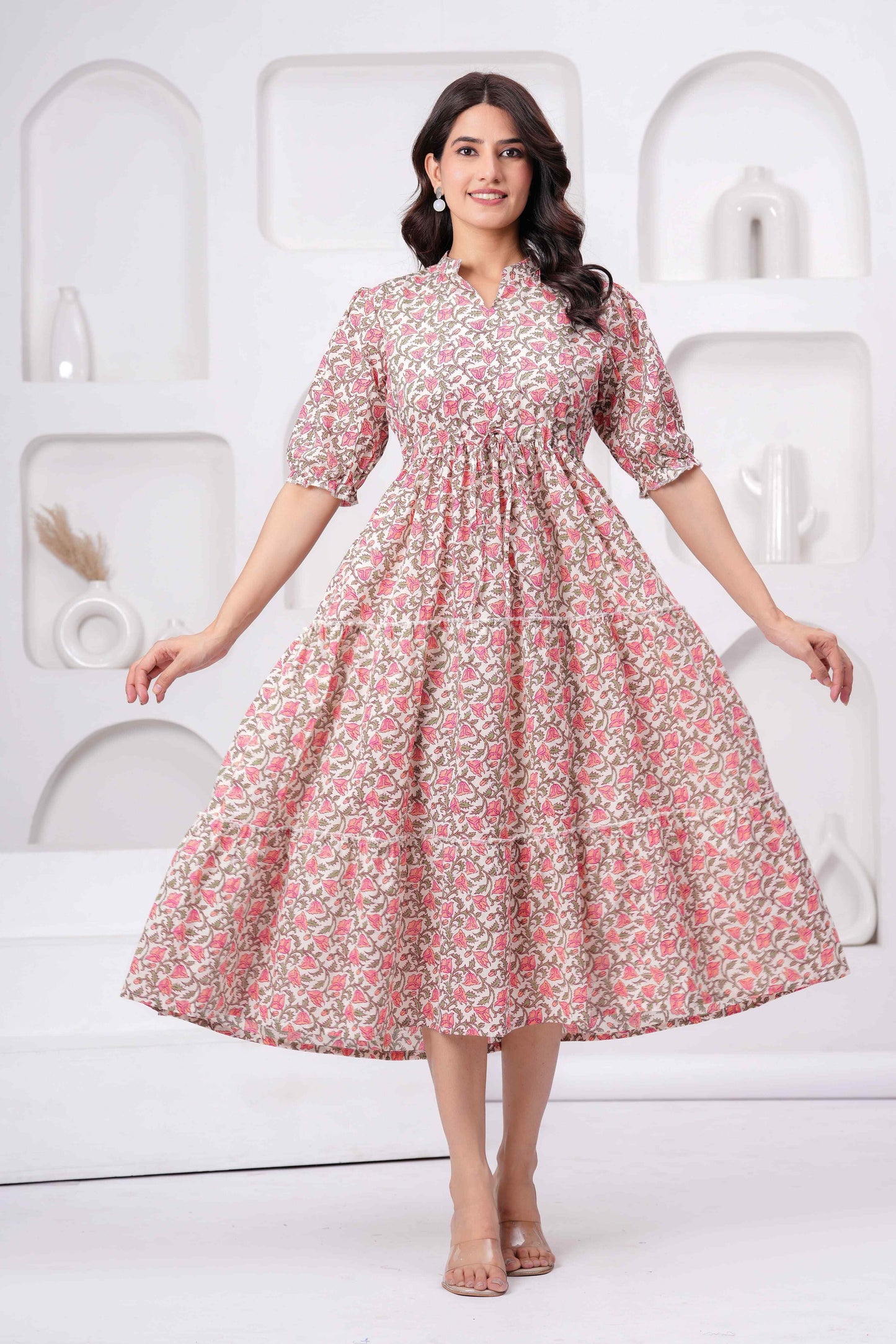 Floral Printed Mandarin Collar Cotton Fit And Flare Ethnic Dress