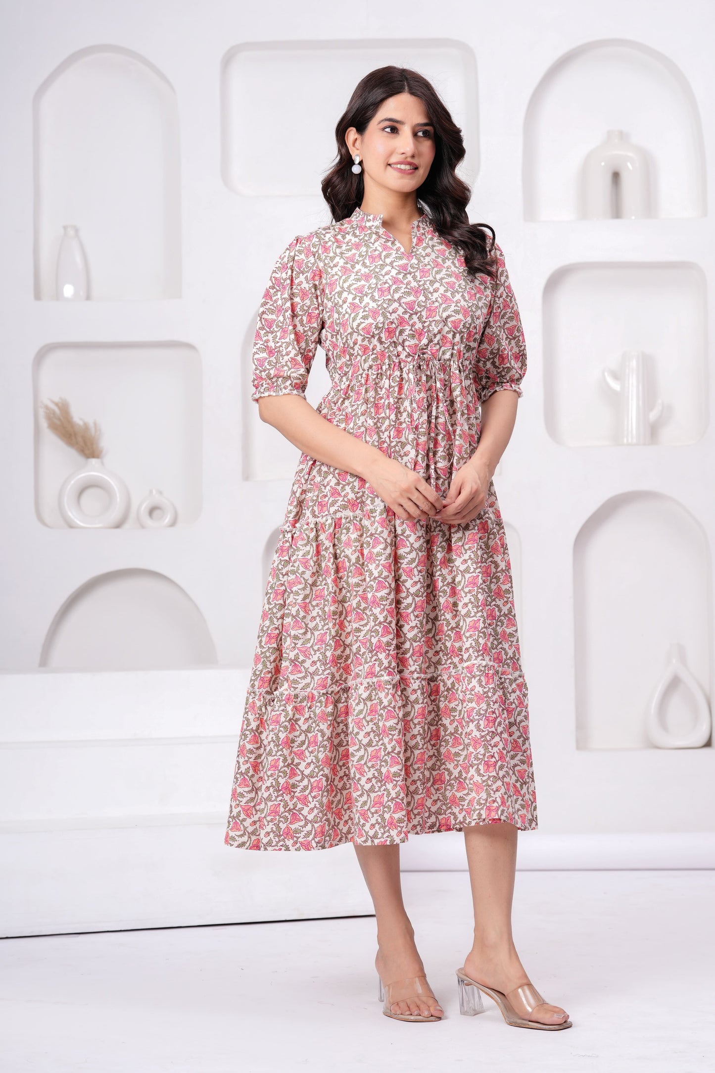 Floral Printed Mandarin Collar Cotton Fit And Flare Ethnic Dress