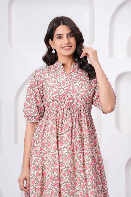 Floral Printed Mandarin Collar Cotton Fit And Flare Ethnic Dress
