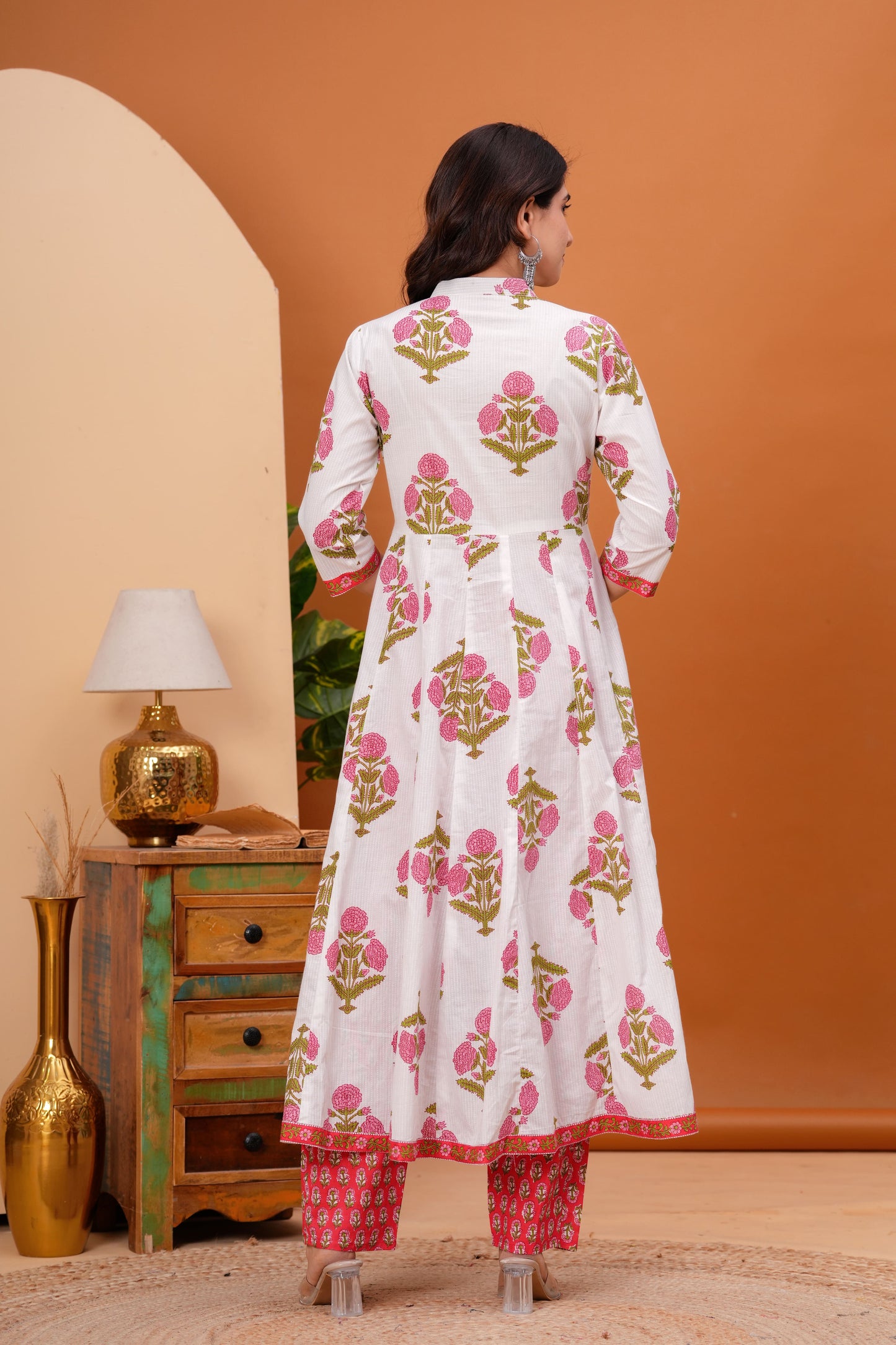 Floral Printed Pleated Pure Cotton Anarkali Kurta With Trouser & Dupatta