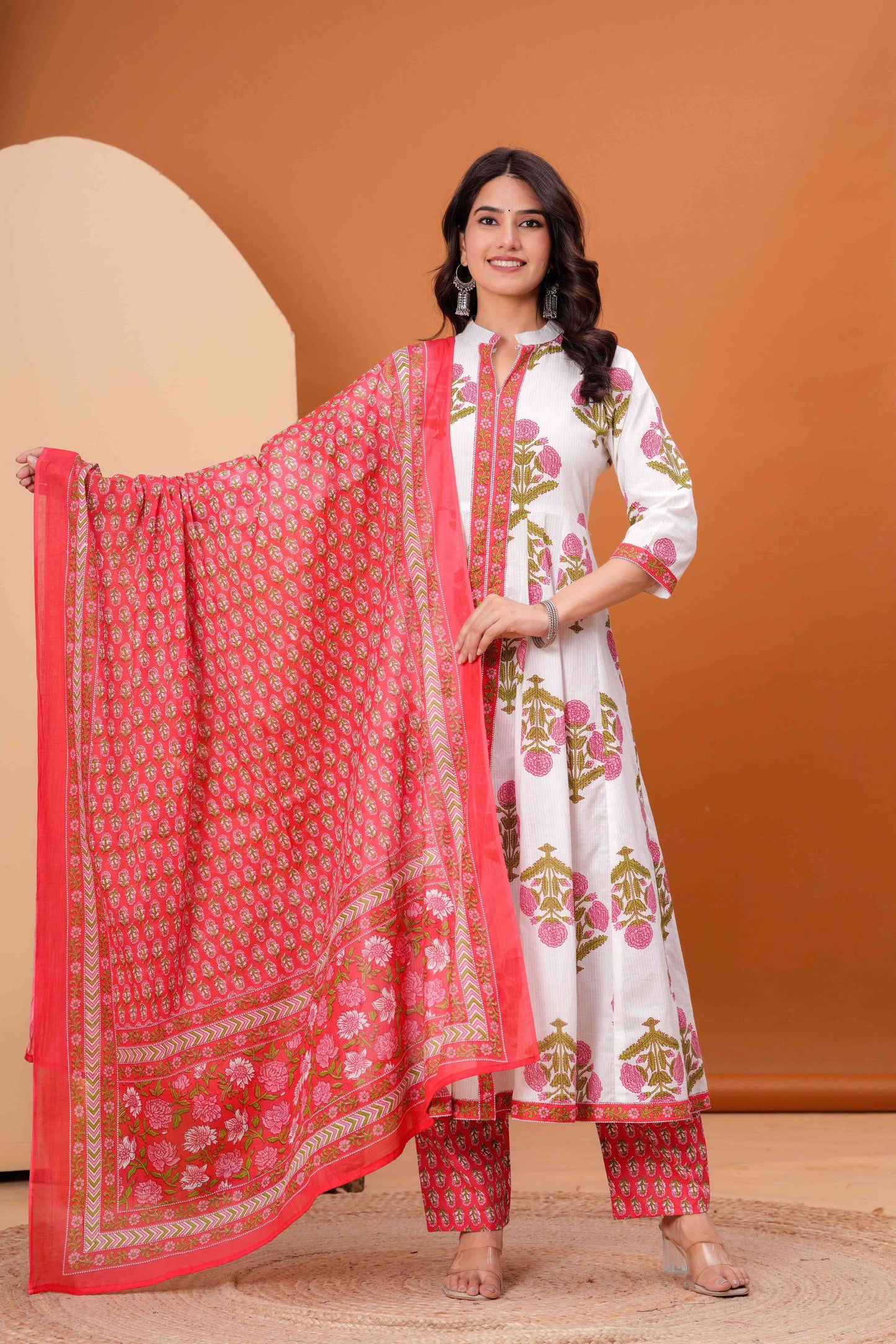 Floral Printed Pleated Pure Cotton Anarkali Kurta With Trouser & Dupatta