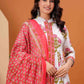 Floral Printed Pleated Pure Cotton Anarkali Kurta With Trouser & Dupatta