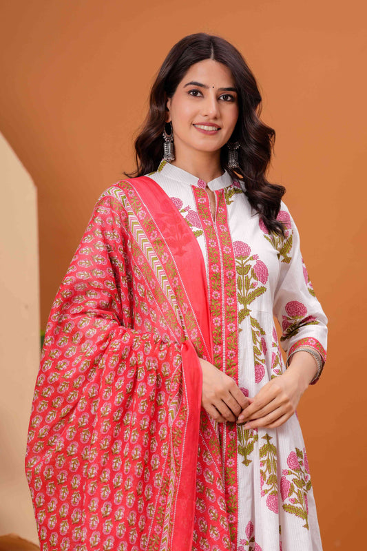 Floral Printed Pleated Pure Cotton Anarkali Kurta With Trouser & Dupatta