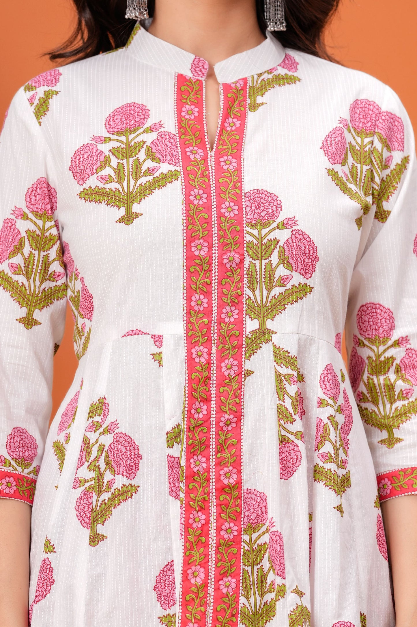 Floral Printed Pleated Pure Cotton Anarkali Kurta With Trouser & Dupatta