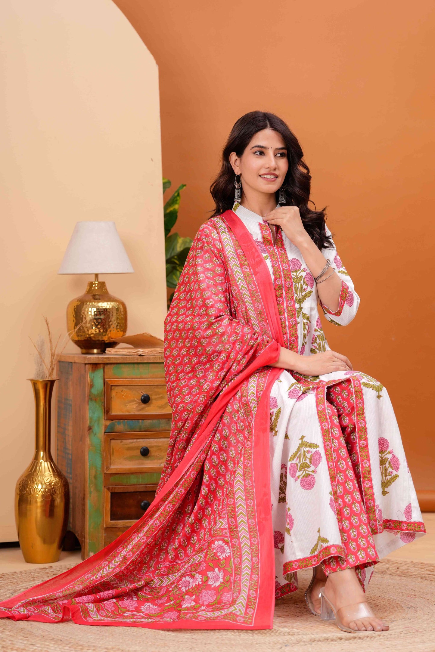 Floral Printed Pleated Pure Cotton Anarkali Kurta With Trouser & Dupatta