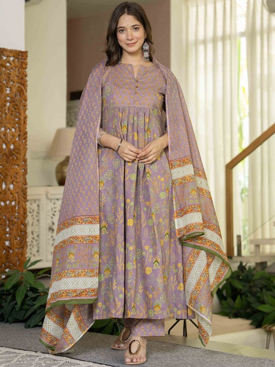 Women Floral Printed Cotton Kurta with Trousers & Dupatta