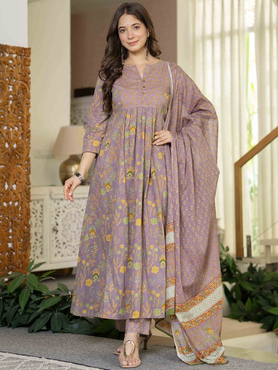 Women Floral Printed Cotton Kurta with Trousers & Dupatta
